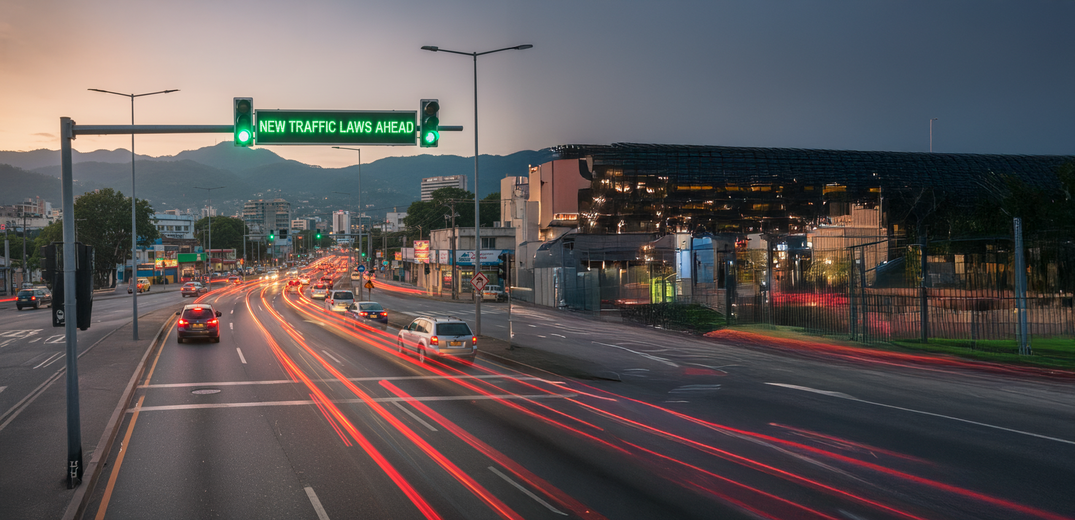 Evening traffic light trails on a Nassau road