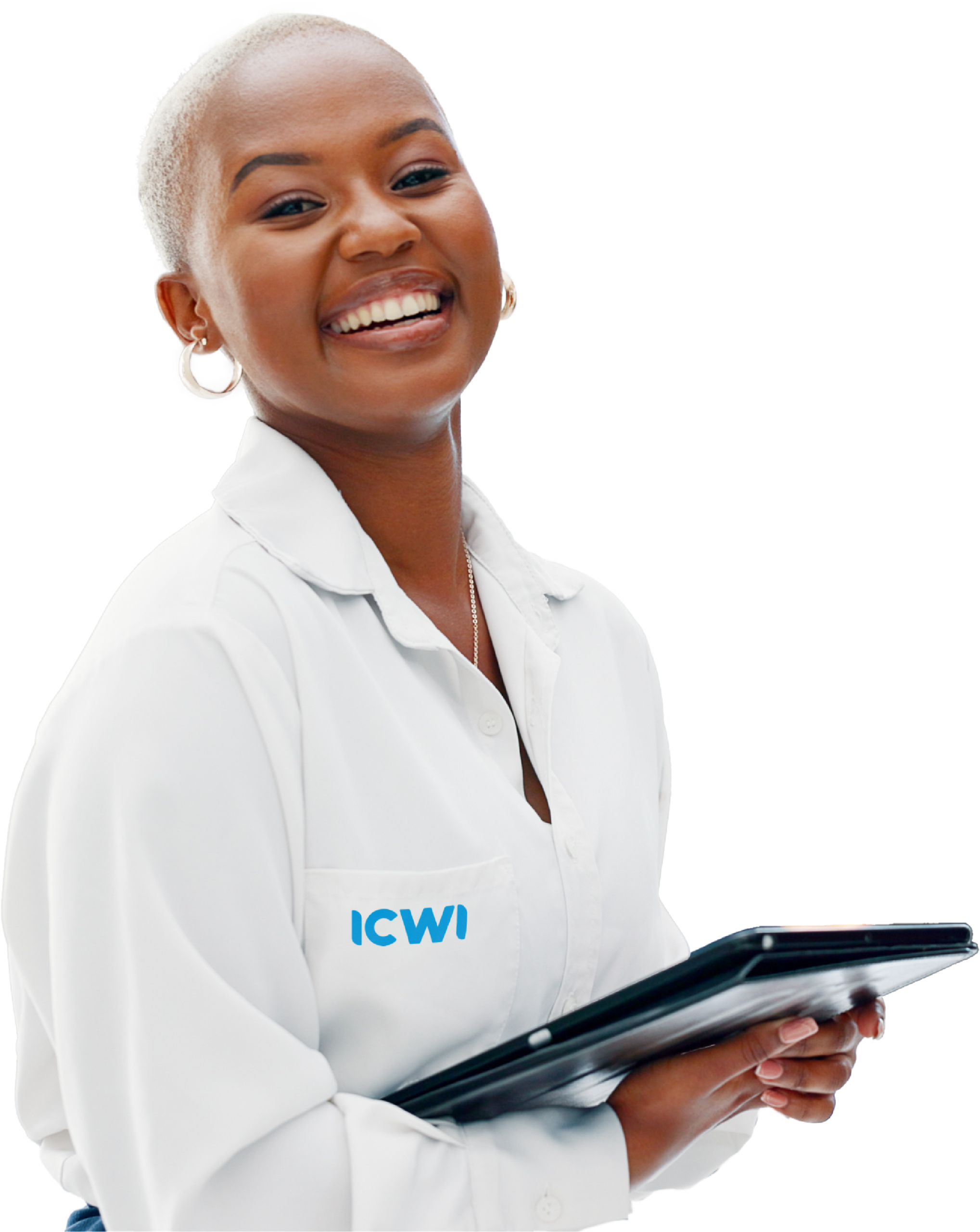 Smiling ICWI customer support representative holding a tablet